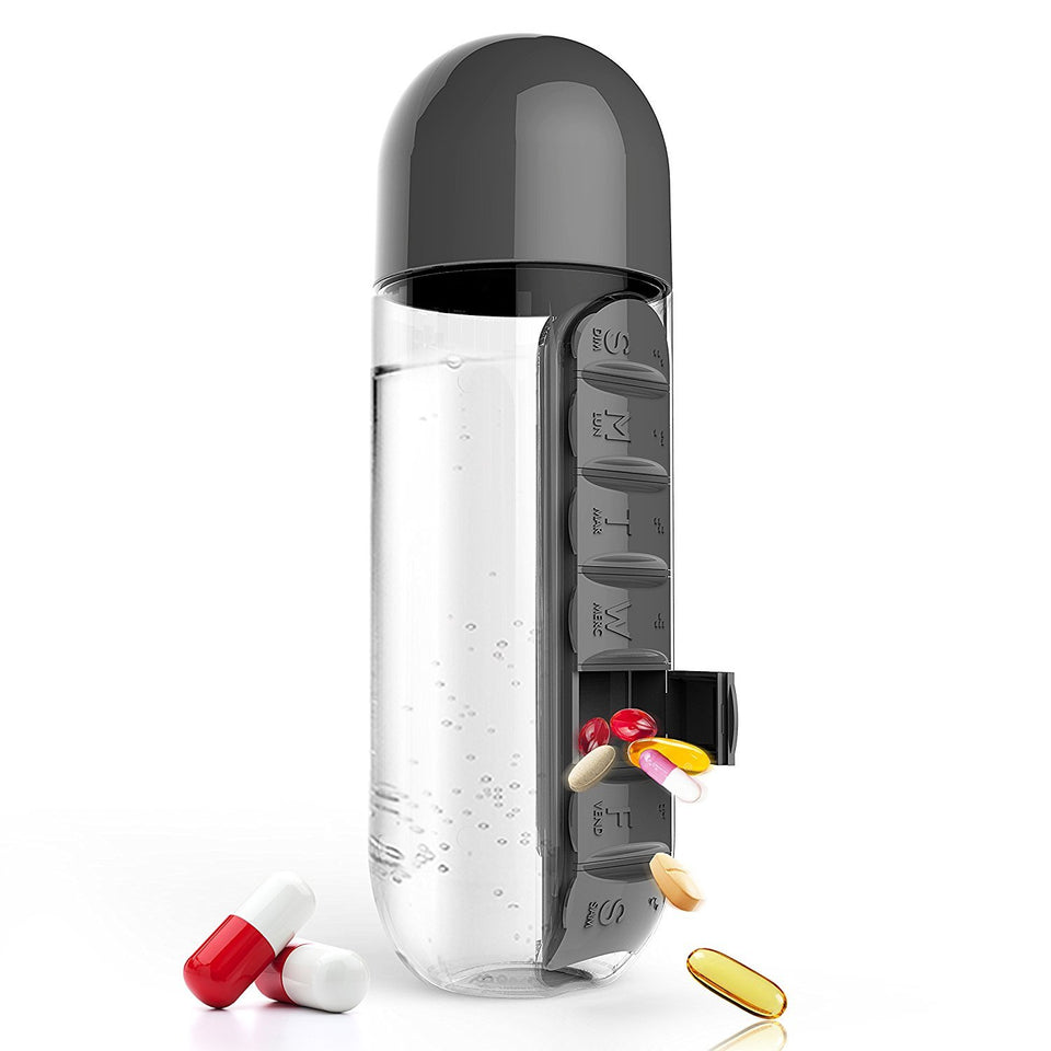 600ML Plastic Water Bottle With Daily Pill Box-UlGadget