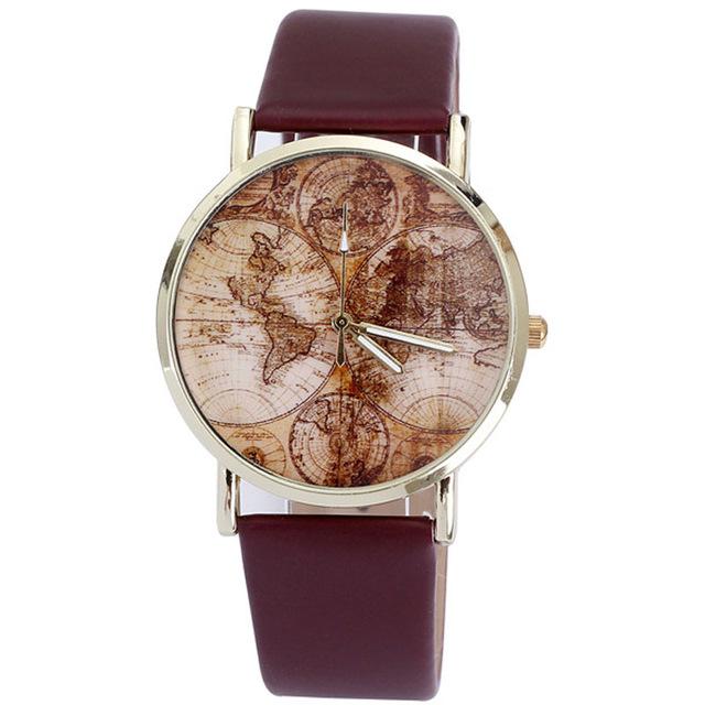 Women's World Map Watches Leather Quartz Wrist Lady Dress Watch #5-UlGadget