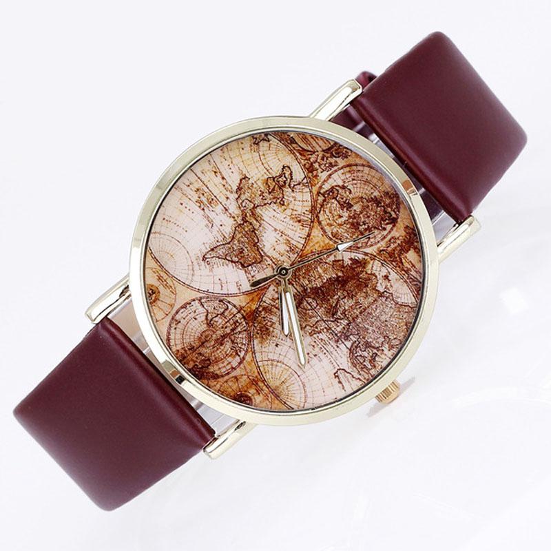 Women's World Map Watches Leather Quartz Wrist Lady Dress Watch #5-UlGadget