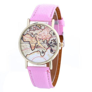 Women's World Map Watches Leather Lady Dress Watch #8-UlGadget