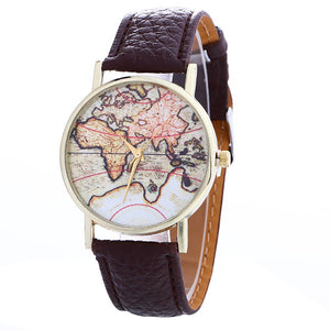 Women's World Map Watches Leather Lady Dress Watch #8-UlGadget