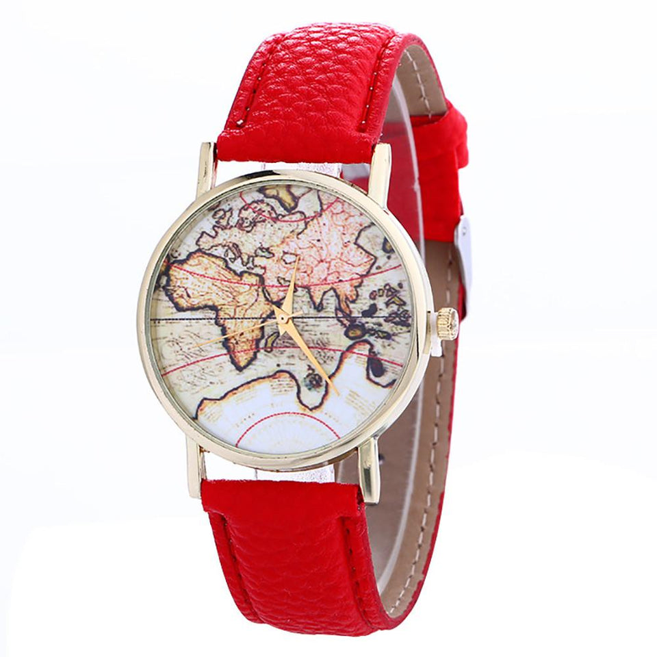 Women's World Map Watches Leather Lady Dress Watch #8-UlGadget