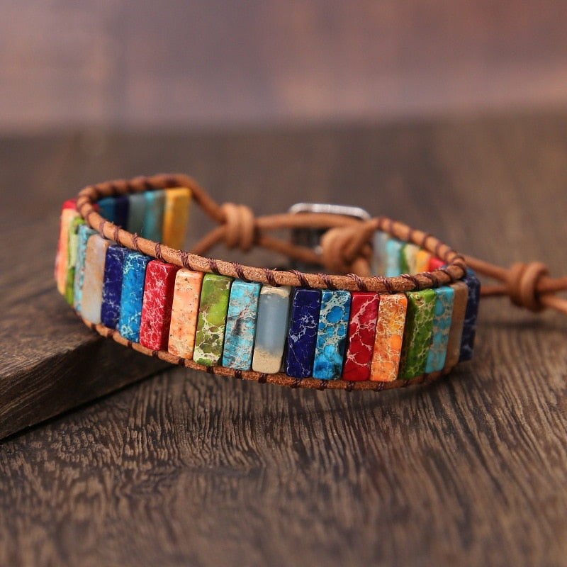 Jewelry Handmade Multicolor Natural Stone Tube Beads Leather Bracelet Beaded Bangle-UlGadget