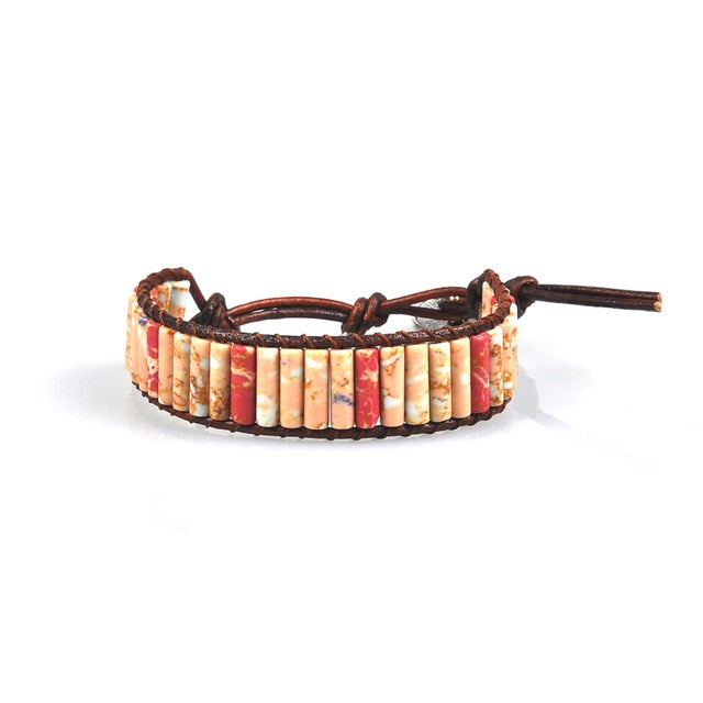 Jewelry Handmade Multicolor Natural Stone Tube Beads Leather Bracelet Beaded Bangle-UlGadget