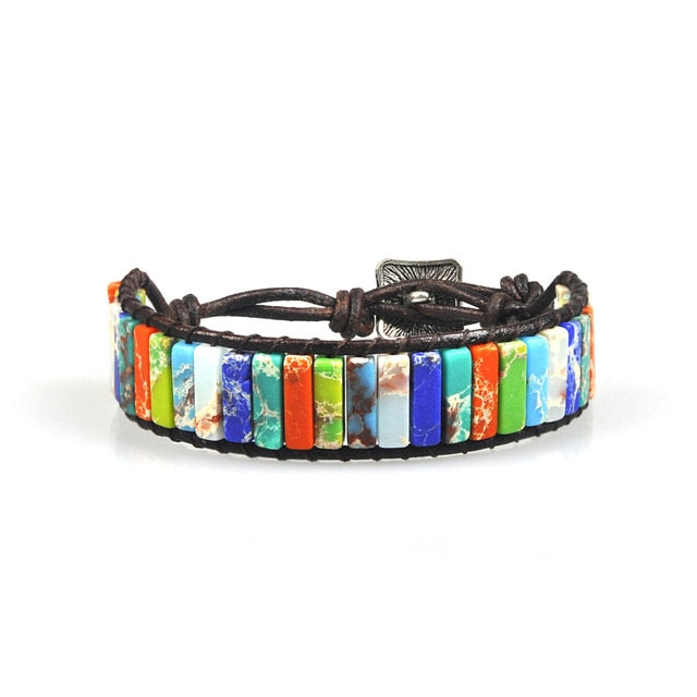 Jewelry Handmade Multicolor Natural Stone Tube Beads Leather Bracelet Beaded Bangle-UlGadget