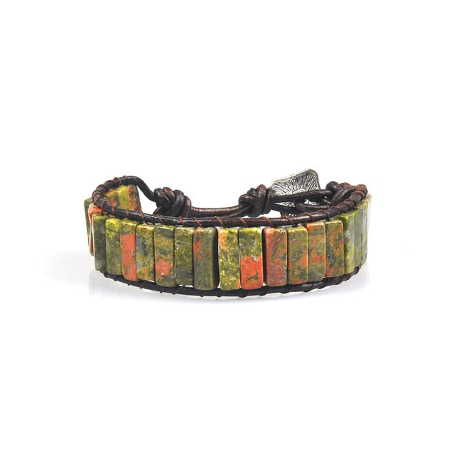 Jewelry Handmade Multicolor Natural Stone Tube Beads Leather Bracelet Beaded Bangle-UlGadget