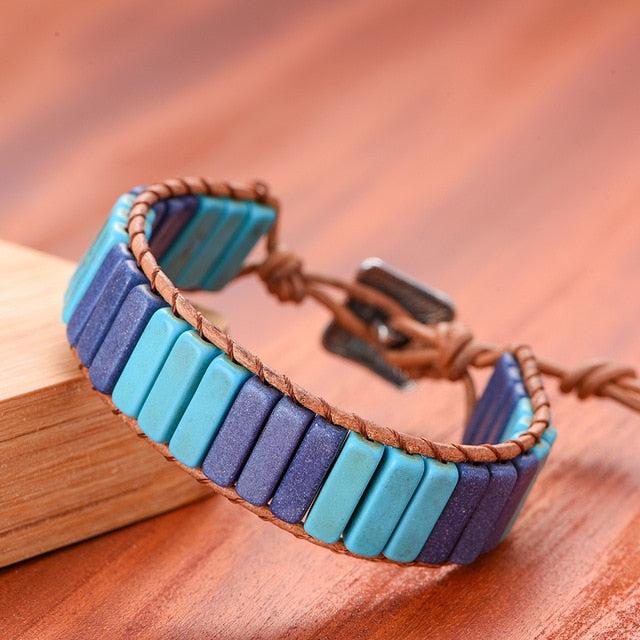 Jewelry Handmade Multicolor Natural Stone Tube Beads Leather Bracelet Beaded Bangle-UlGadget