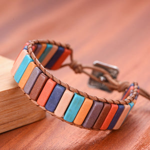 Jewelry Handmade Multicolor Natural Stone Tube Beads Leather Bracelet Beaded Bangle-UlGadget