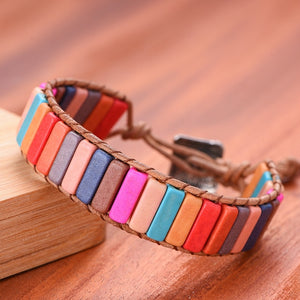 Jewelry Handmade Multicolor Natural Stone Tube Beads Leather Bracelet Beaded Bangle-UlGadget