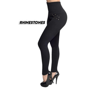 Hollywood High Waist Shaping Leggings Black Micro Elastic Buttons Rhinestones Zippers-UlGadget