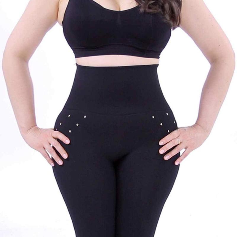 Hollywood High Waist Shaping Leggings Black Micro Elastic Buttons Rhinestones Zippers-UlGadget