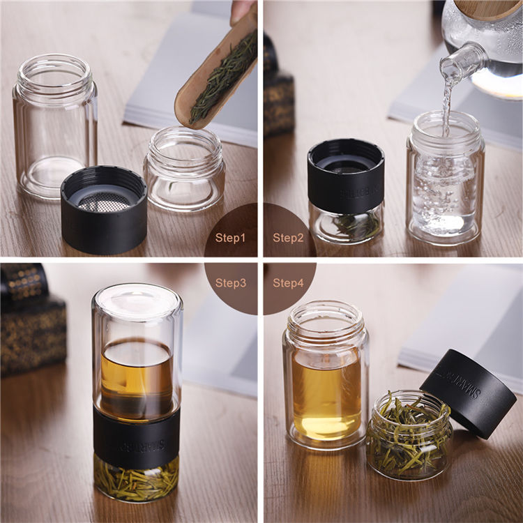 Portable Stainless Steel Filters Double Wall Glass Tea Infuser Tumbler Bottle