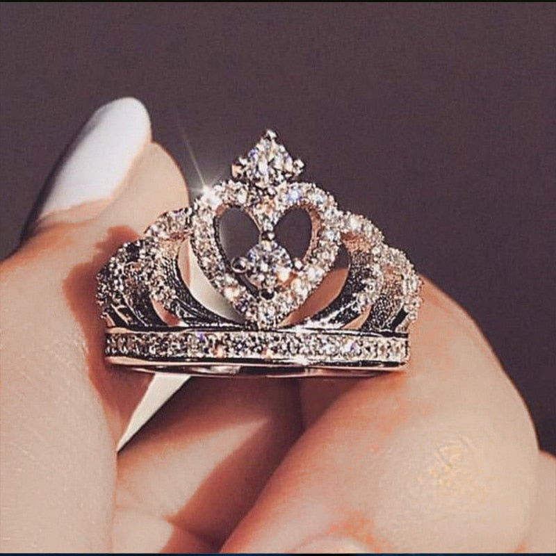 Silver or Rose Gold Cubic Zirconia Princess Luxury Crown Ring-UlGadget