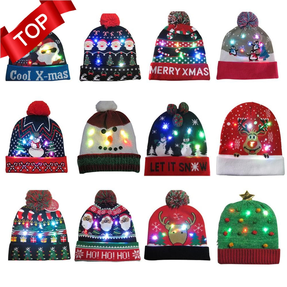 43 Designs LED Christmas Beanie Sweater Christmas Santa Hat Light Up Knitted Hat for Kid Adult Christmas Party-UlGadget