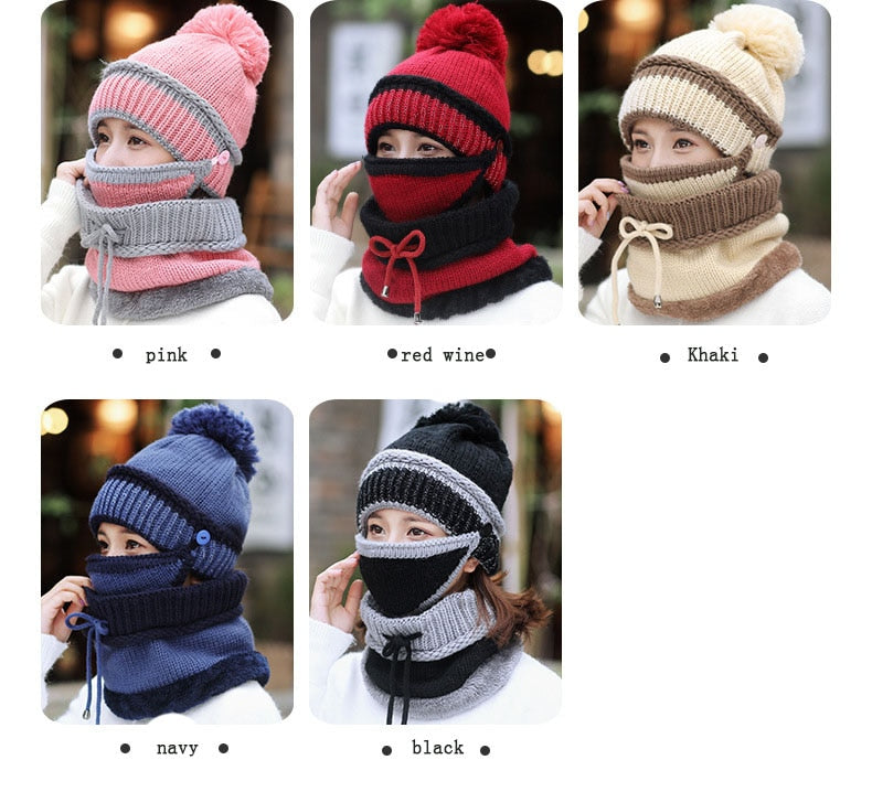 Beanie Knit Hat with Scarf and Mask Women Winter Warm Earmuffs Colorful-UlGadget