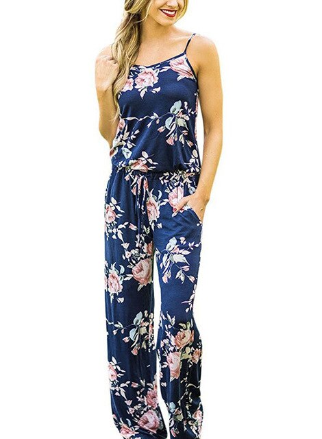 Colorful Sexy Floral Printed Strap Loose Jumpsuit with Pockets Womens-UlGadget