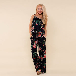 Colorful Sexy Floral Printed Strap Loose Jumpsuit with Pockets Womens-UlGadget