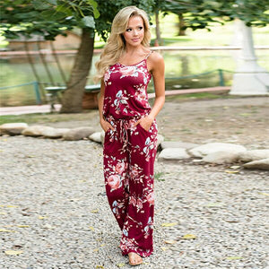 Colorful Sexy Floral Printed Strap Loose Jumpsuit with Pockets Womens-UlGadget