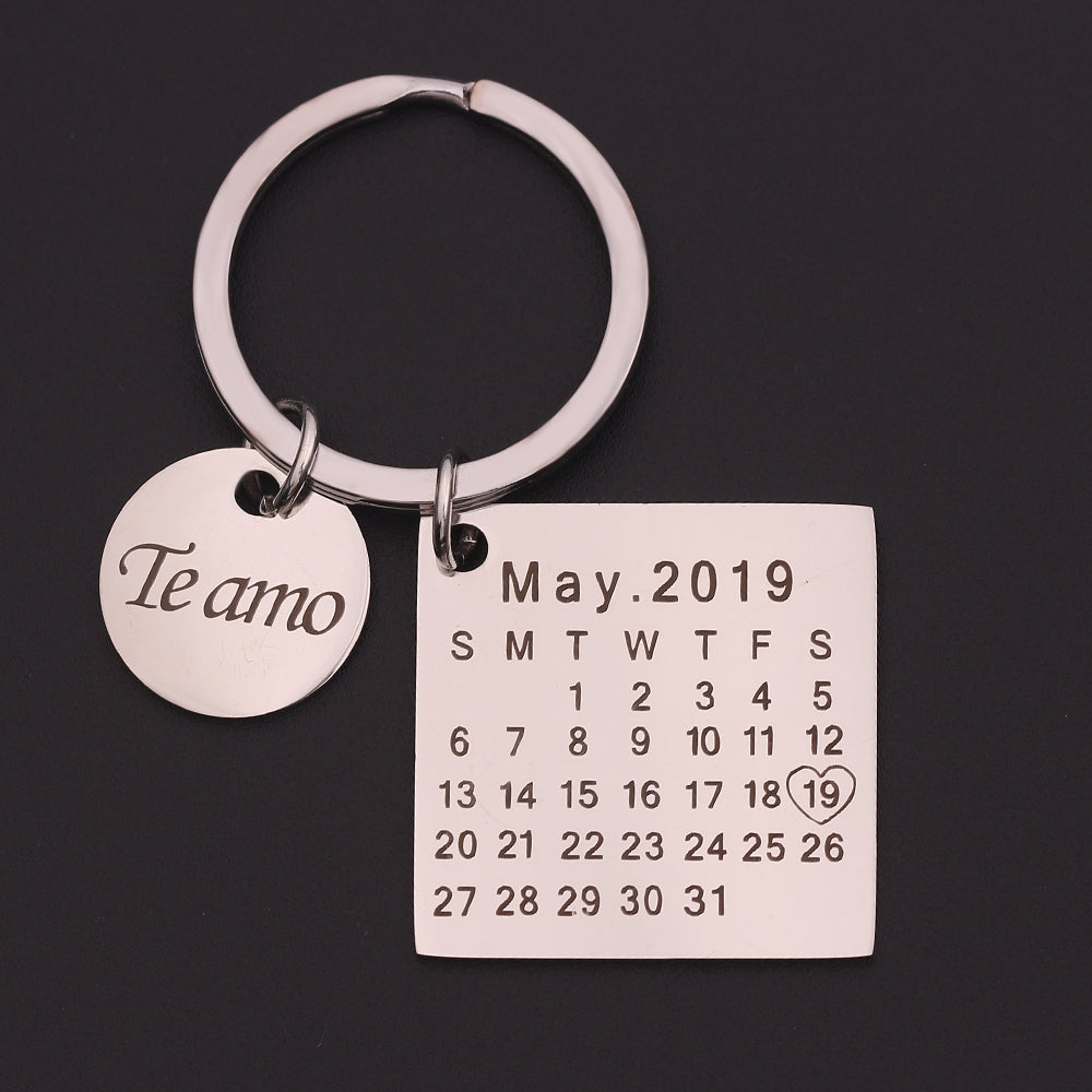 Personalized Calendar Keychain Stainless Steel Highlighted with Heart Date Engrave Date Birthday Wedding Anniversary Gift-UlGadget