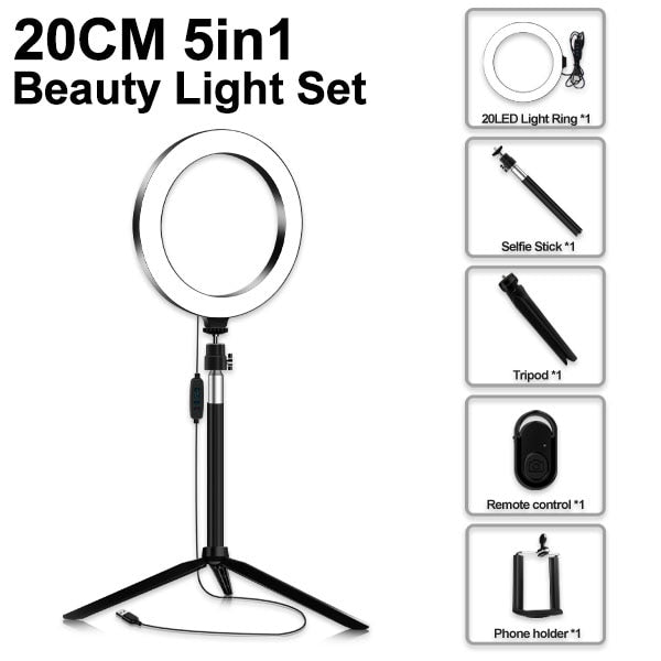 Live Stream/Makeup/YouTube Video 8" LED Selfie Ring Light, Dimmable Beauty Ringlight with Tripod Stand LED LIGHT KIT-UlGadget