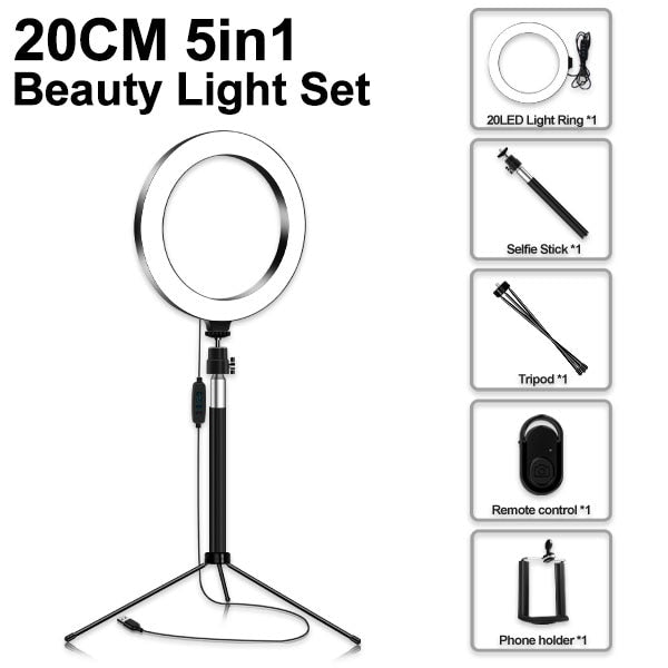 Live Stream/Makeup/YouTube Video 8" LED Selfie Ring Light, Dimmable Beauty Ringlight with Tripod Stand LED LIGHT KIT-UlGadget