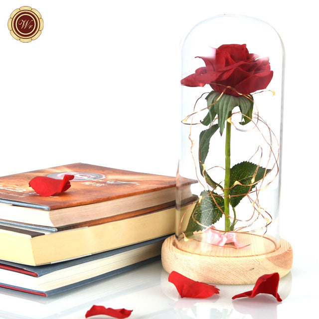 Enchanted Rose Flower in a Glass Dome with LED Light Wooden Base for Valentine's Mother's Day Gifts-UlGadget