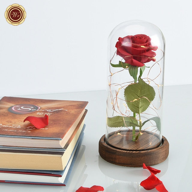 Enchanted Rose Flower in a Glass Dome with LED Light Wooden Base for Valentine's Mother's Day Gifts-UlGadget