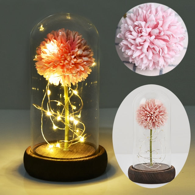 Enchanted Rose Flower in a Glass Dome with LED Light Wooden Base for Valentine's Mother's Day Gifts-UlGadget