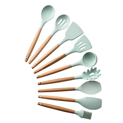 9/10/12PCS Kitchen Silicone Spatula Utensil Set Heat Resistant Wooden Spoons Utensils Non-Stick for Kitchen-UlGadget