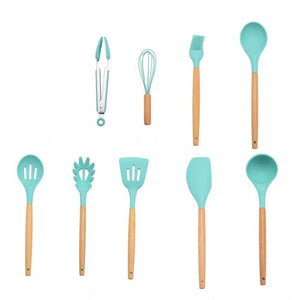 9/10/12PCS Kitchen Silicone Spatula Utensil Set Heat Resistant Wooden Spoons Utensils Non-Stick for Kitchen-UlGadget