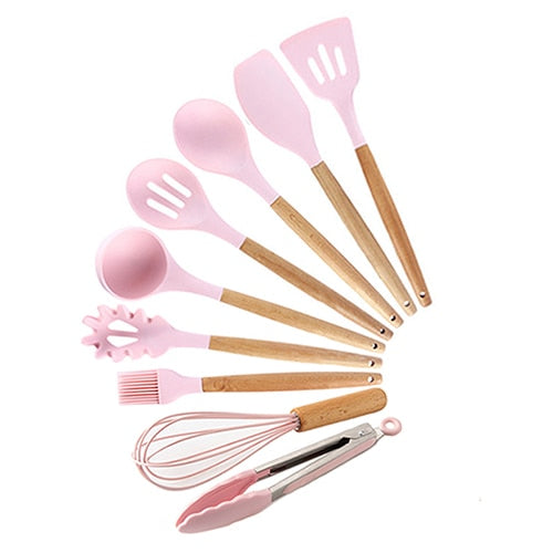 9/10/12PCS Kitchen Silicone Spatula Utensil Set Heat Resistant Wooden Spoons Utensils Non-Stick for Kitchen-UlGadget