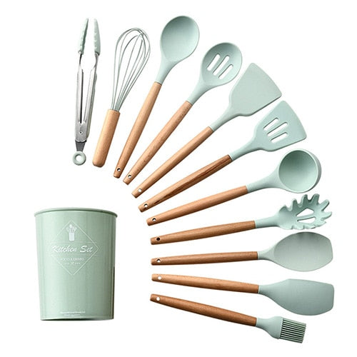 9/10/12PCS Kitchen Silicone Spatula Utensil Set Heat Resistant Wooden Spoons Utensils Non-Stick for Kitchen-UlGadget