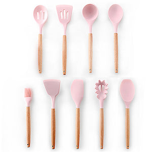 9/10/12PCS Kitchen Silicone Spatula Utensil Set Heat Resistant Wooden Spoons Utensils Non-Stick for Kitchen-UlGadget