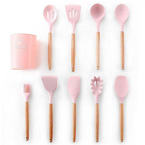 9/10/12PCS Kitchen Silicone Spatula Utensil Set Heat Resistant Wooden Spoons Utensils Non-Stick for Kitchen-UlGadget