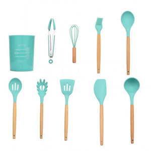 9/10/12PCS Kitchen Silicone Spatula Utensil Set Heat Resistant Wooden Spoons Utensils Non-Stick for Kitchen-UlGadget