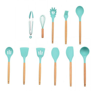 9/10/12PCS Kitchen Silicone Spatula Utensil Set Heat Resistant Wooden Spoons Utensils Non-Stick for Kitchen-UlGadget