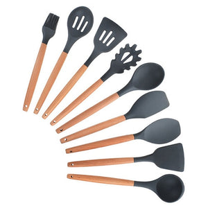 9/10/12PCS Kitchen Silicone Spatula Utensil Set Heat Resistant Wooden Spoons Utensils Non-Stick for Kitchen-UlGadget