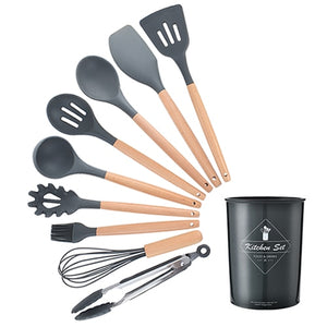 9/10/12PCS Kitchen Silicone Spatula Utensil Set Heat Resistant Wooden Spoons Utensils Non-Stick for Kitchen-UlGadget