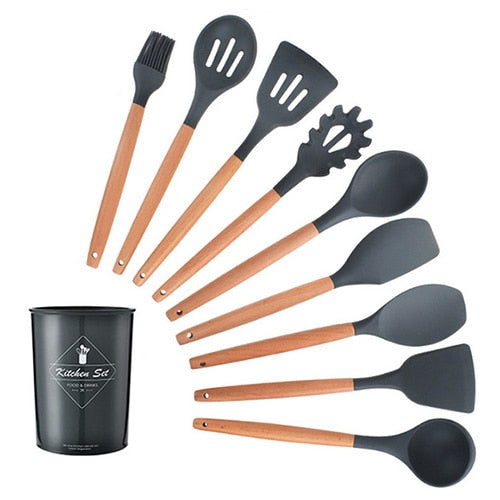 9/10/12PCS Kitchen Silicone Spatula Utensil Set Heat Resistant Wooden Spoons Utensils Non-Stick for Kitchen-UlGadget