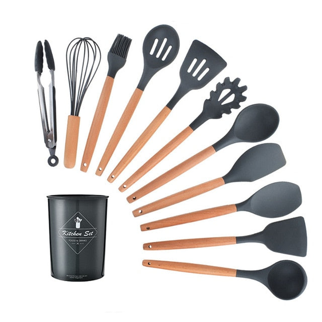 9/10/12PCS Kitchen Silicone Spatula Utensil Set Heat Resistant Wooden Spoons Utensils Non-Stick for Kitchen-UlGadget