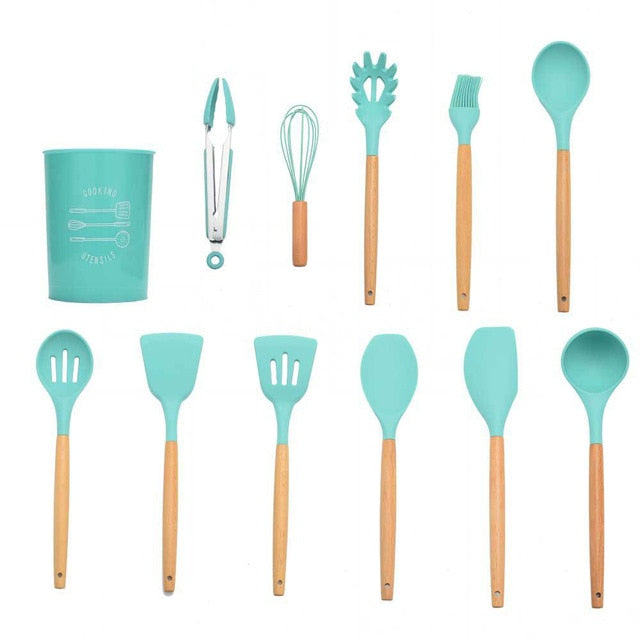 9/10/12PCS Kitchen Silicone Spatula Utensil Set Heat Resistant Wooden Spoons Utensils Non-Stick for Kitchen-UlGadget