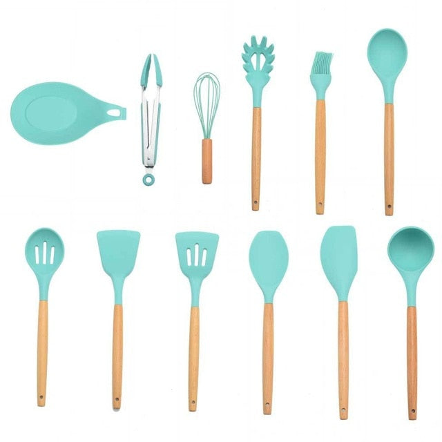 9/10/12PCS Kitchen Silicone Spatula Utensil Set Heat Resistant Wooden Spoons Utensils Non-Stick for Kitchen-UlGadget