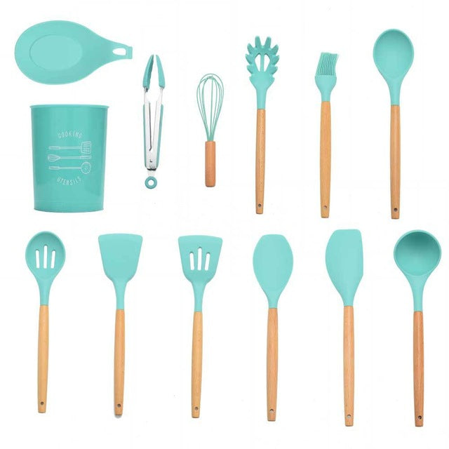 9/10/12PCS Kitchen Silicone Spatula Utensil Set Heat Resistant Wooden Spoons Utensils Non-Stick for Kitchen-UlGadget