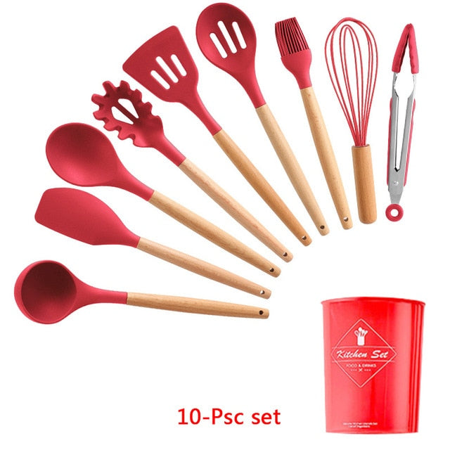 9/10/12PCS Kitchen Silicone Spatula Utensil Set Heat Resistant Wooden Spoons Utensils Non-Stick for Kitchen-UlGadget