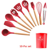 9/10/12PCS Kitchen Silicone Spatula Utensil Set Heat Resistant Wooden Spoons Utensils Non-Stick for Kitchen-UlGadget