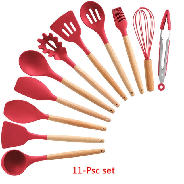 9/10/12PCS Kitchen Silicone Spatula Utensil Set Heat Resistant Wooden Spoons Utensils Non-Stick for Kitchen-UlGadget