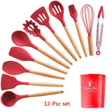 9/10/12PCS Kitchen Silicone Spatula Utensil Set Heat Resistant Wooden Spoons Utensils Non-Stick for Kitchen-UlGadget