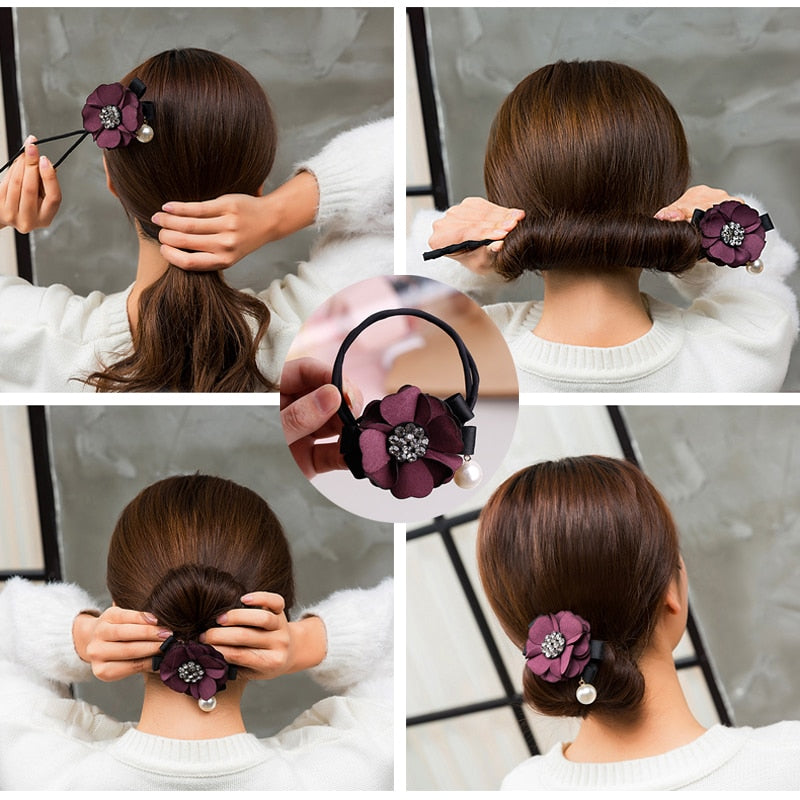 3pcs Women Magic DIY Ponytail Bun Twister Tie Hairstyle French Bud Headwear Hair Bun (1 Flower+1 Pearl)-UlGadget