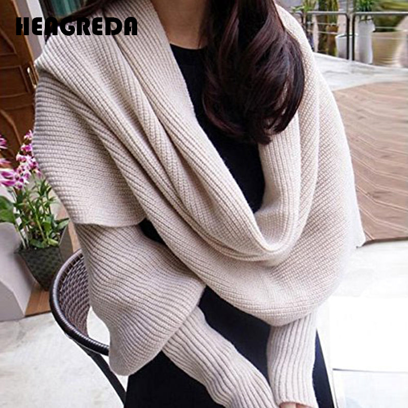 4 Colors Women Autumn Winter Fashion Crochet Knitted Scarf Cape Scarf with Sleeves-UlGadget