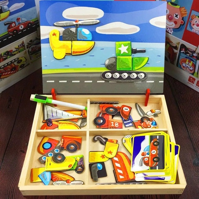 Wooden Funny Reusable Kids Educational Magnetic Puzzles Game Set